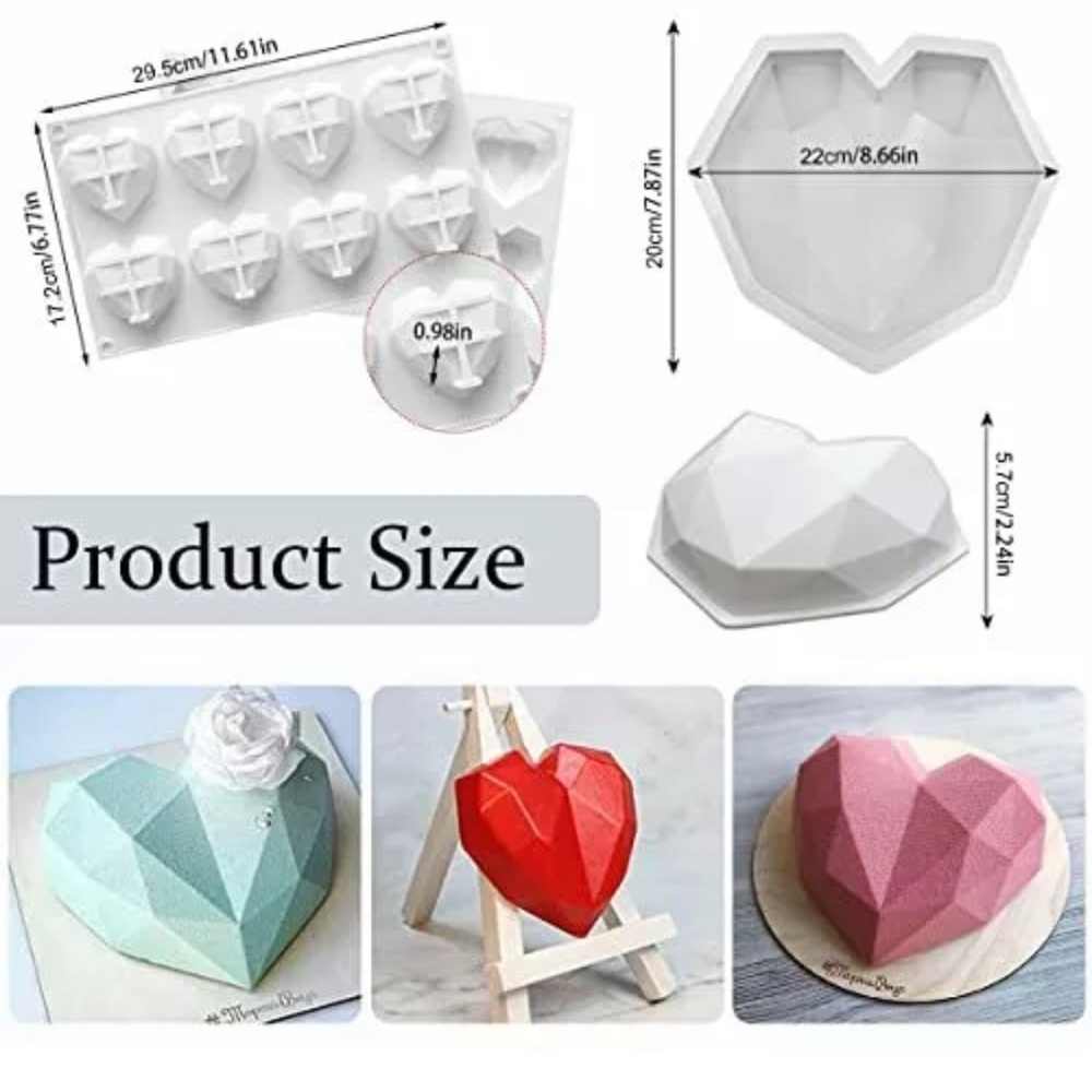 Diamond Heart Shape Silicone Cake Mold 2Pcs Romantic Diamond Love DIY Chocola...